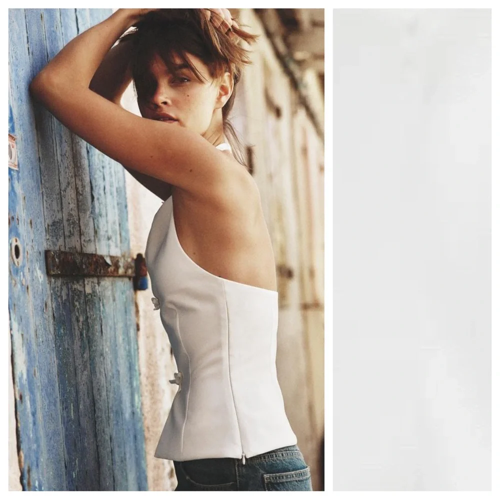 NWT. Zara White Fitted Halter Top featuring Bows. Size S. - Picture 4 of 10